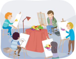 Illustration of Teens Painting Fruits Inside a Studio