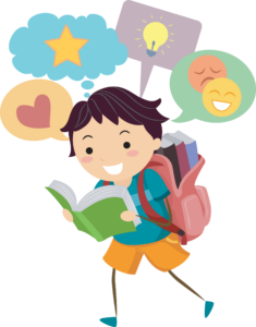Illustration of a Little Boy With Speech Bubbles Appearing on Top of His Head While He Reads