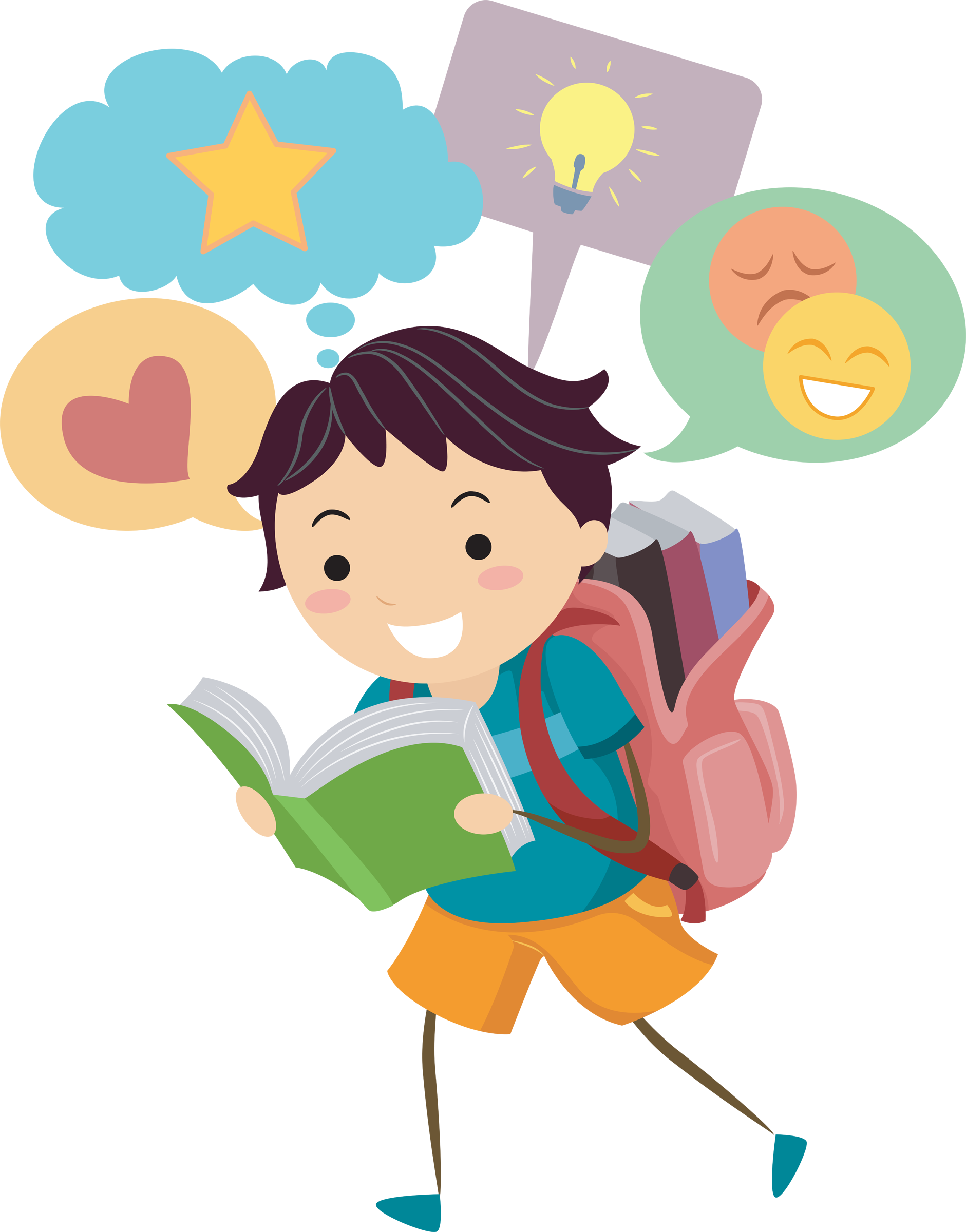 Illustration of a Little Boy With Speech Bubbles Appearing on Top of His Head While He Reads