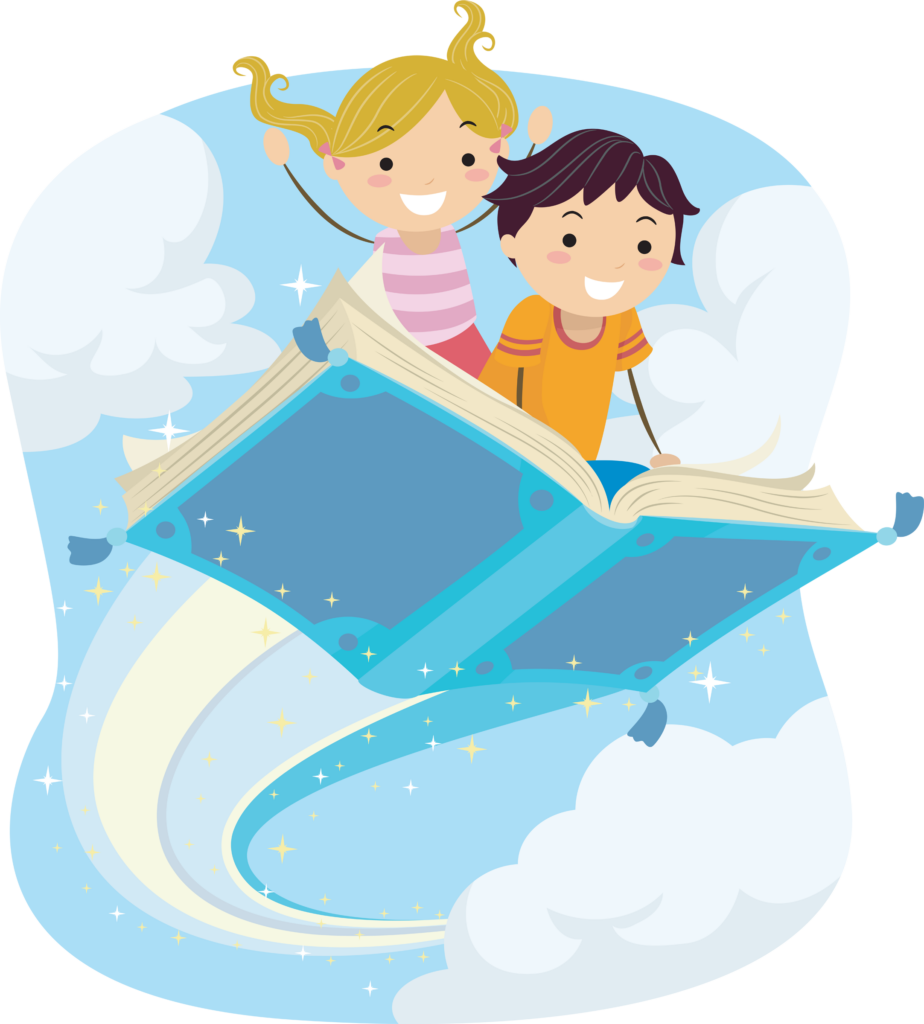 Stickman Illustration of Kids Riding a Magical Flying Book