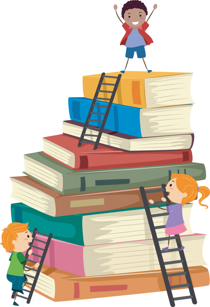 Stickman Illustration of Kids Climbing a Tall Stack of Books