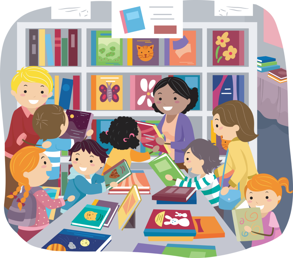 Stickman Illustration of Parents Helping Their Kids Choose Books in a Bookstore