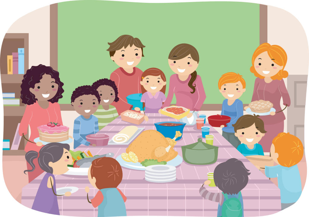 illustration of diverse families enjoying a potluck with various foods