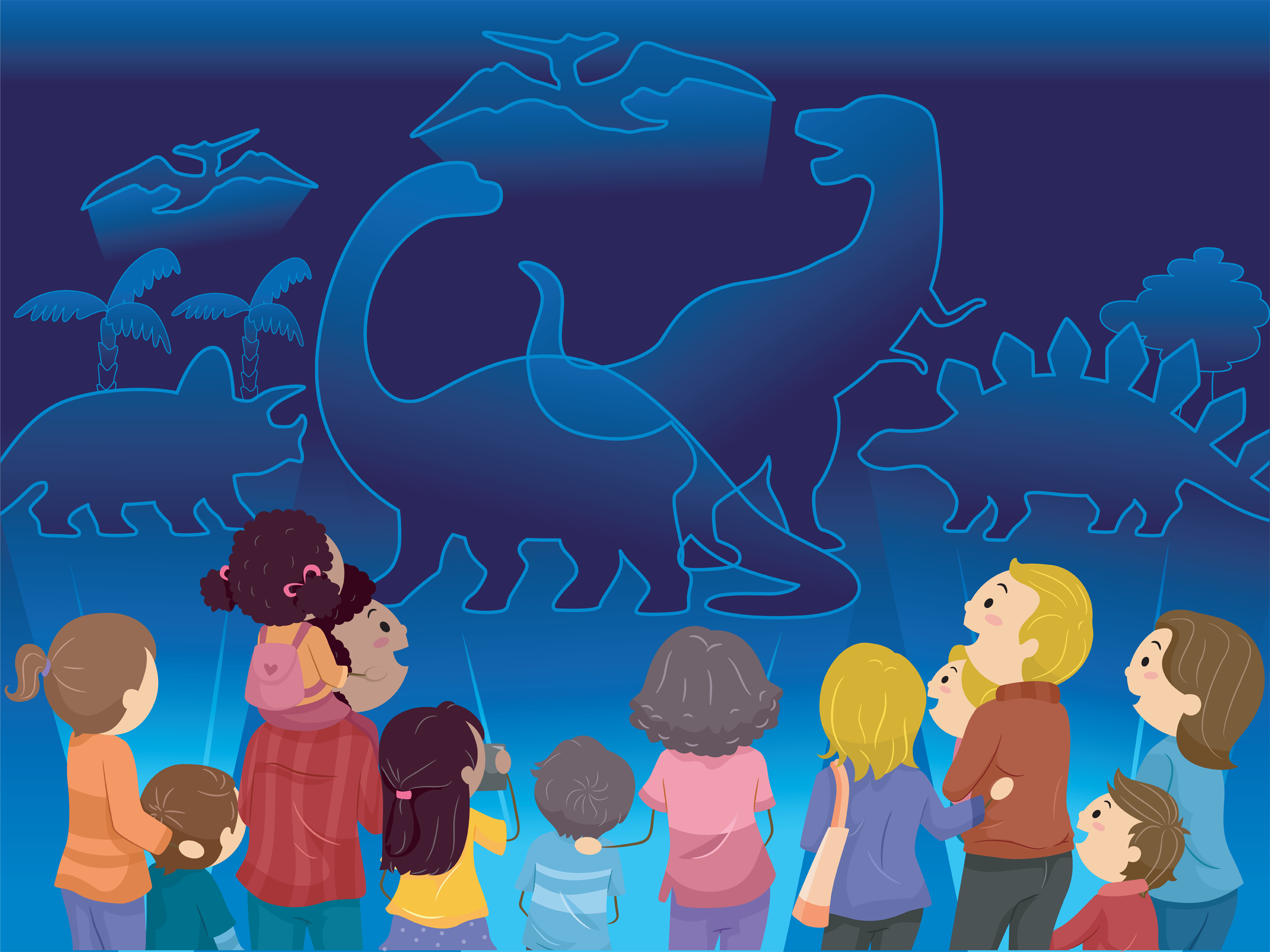 Stickman Illustration of Families Watching Dinosaur Holograms