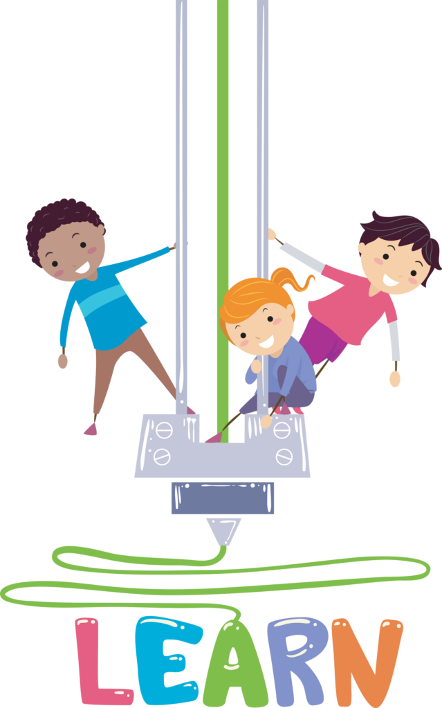 Illustration of Stickman Kids Riding a 3D Printing, Learning About 3D Printing