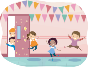 children jumping for joy outside of an ESL classroom