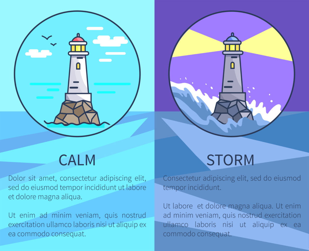 Set of posters depicting sea under different weather conditions. Contrastive vector illustration of lighthouses during storm and when the sea is calm