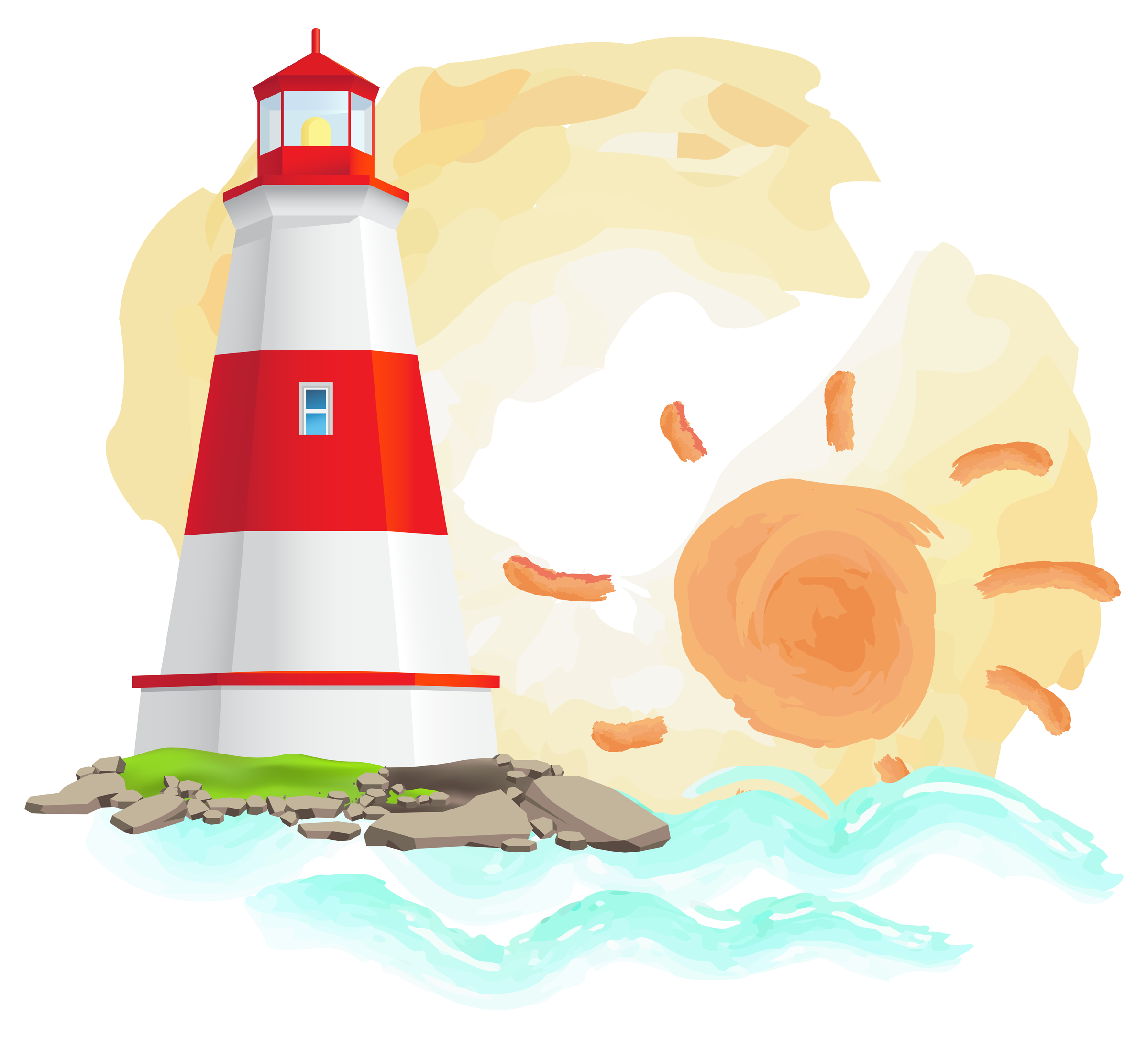 Sea adventure banner with big red and white lighthouse standing on stones. Large construction of water coast nautical equipment standing on shore. Large lantern illuminates way for ships at night