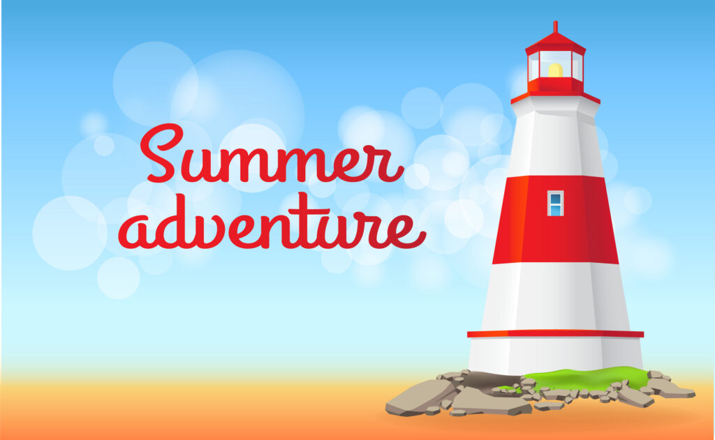 Big red and white lighthouse standing on stones isolated. Large construction of water coast nautical equipment standing on shore. Large lantern illuminates way for ships at night. Sea adventure