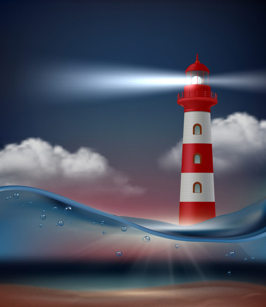 Lighthouse in ocean. Night marine landscape with lighthouse for ship navigation vector realistic background. Lighthouse sea travel, scene landscape illustration