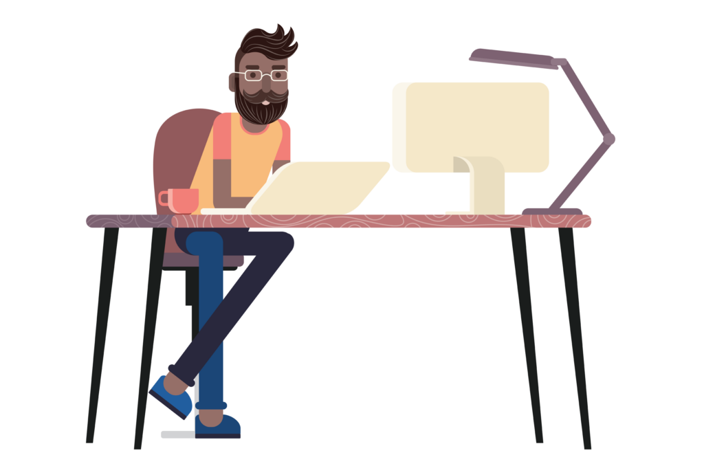 Cartoon man working at office desk, work from home concept.