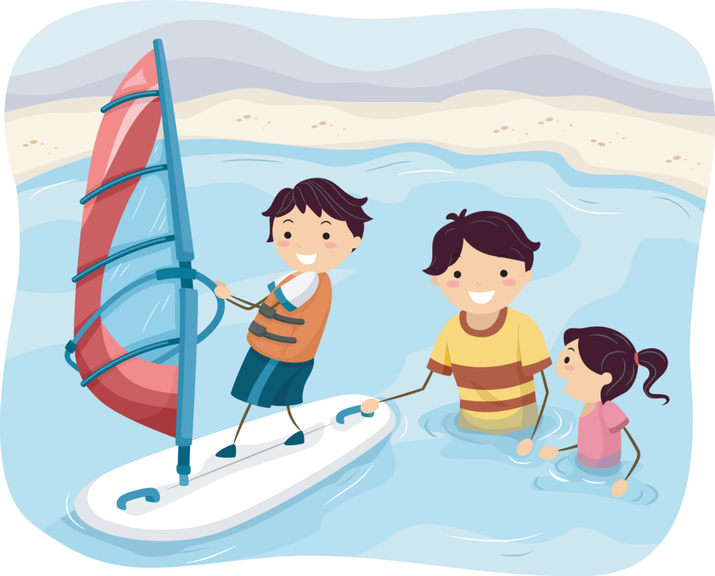 Illustration Featuring a Father Teaching His Kids How to Windsurf