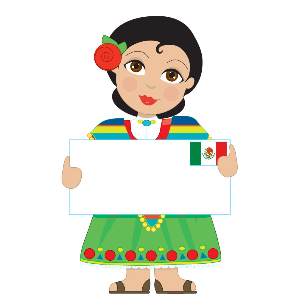 A little girl is dressed in a traditional Mexican costume and holding a sign that looks like a big letter with the Mexican flag in the upper right hand corner