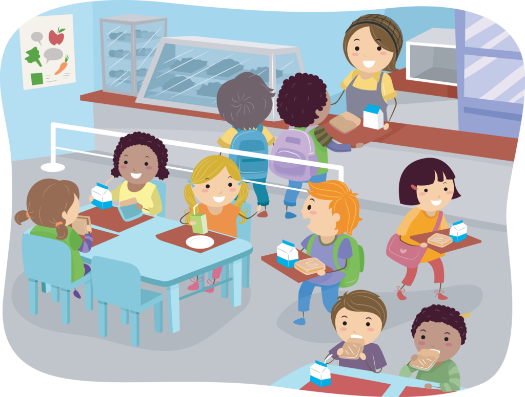 Illustration of Kids in a Cafeteria Buying and Eating Lunch