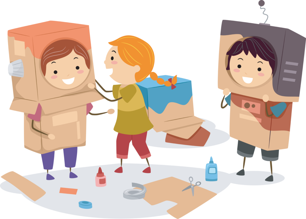 illustration of three kids making robot costumes out of cardboard boxes