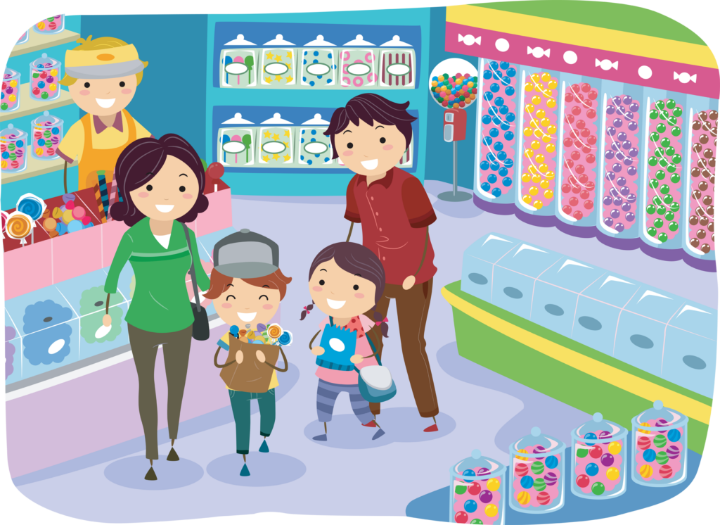 stickman illustration of a family shopping for candy