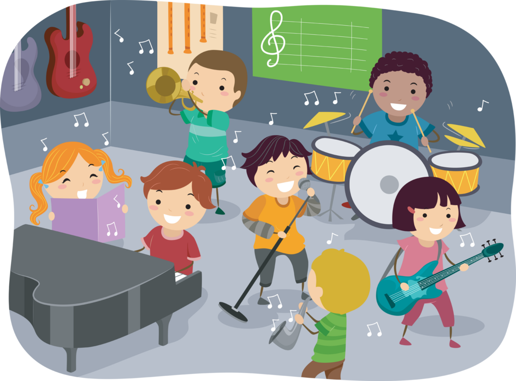 Stickman Illustration Featuring Kids Playing with Different Musical Instruments in a Music Room, an extracurricular activity