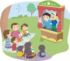 Illustration of a Stickman Family Watching a Puppet Show in a park on a summer's day