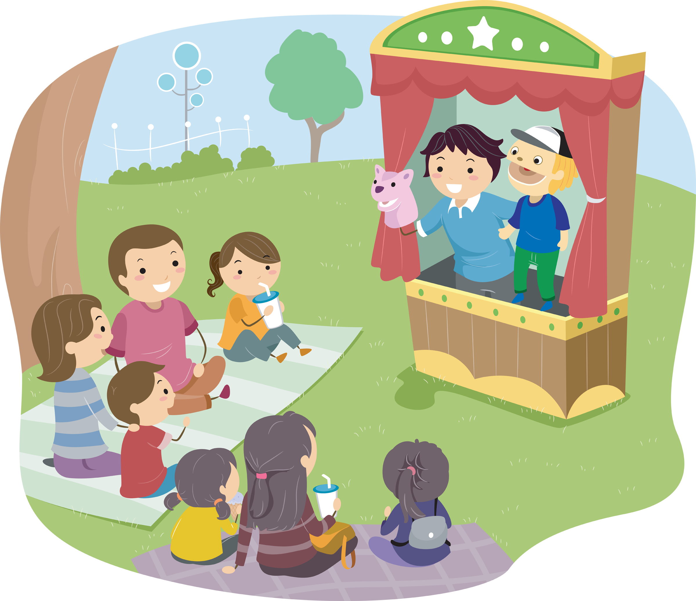 Illustration of a Stickman Family Watching a Puppet Show in a park on a summer's day