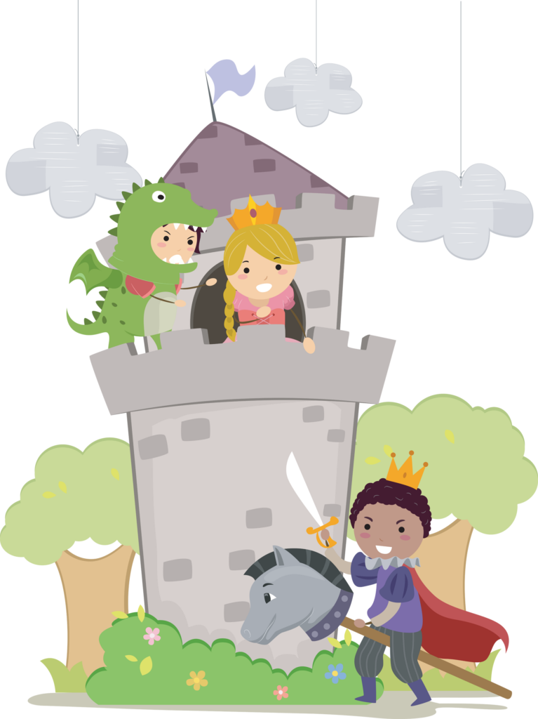 Illustration of Stickman Kids plays Dragon, Prince, and Princess in School Play