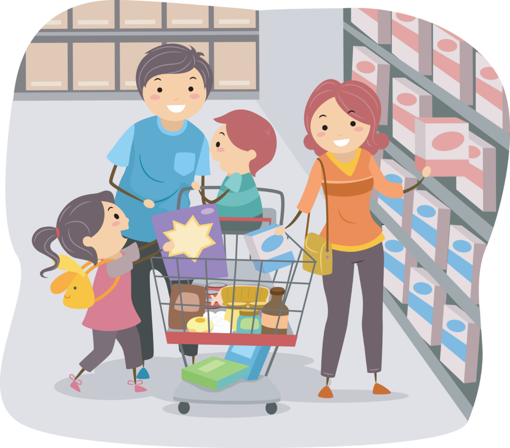 Illustration of Stickman Family Shopping in a Grocery Store