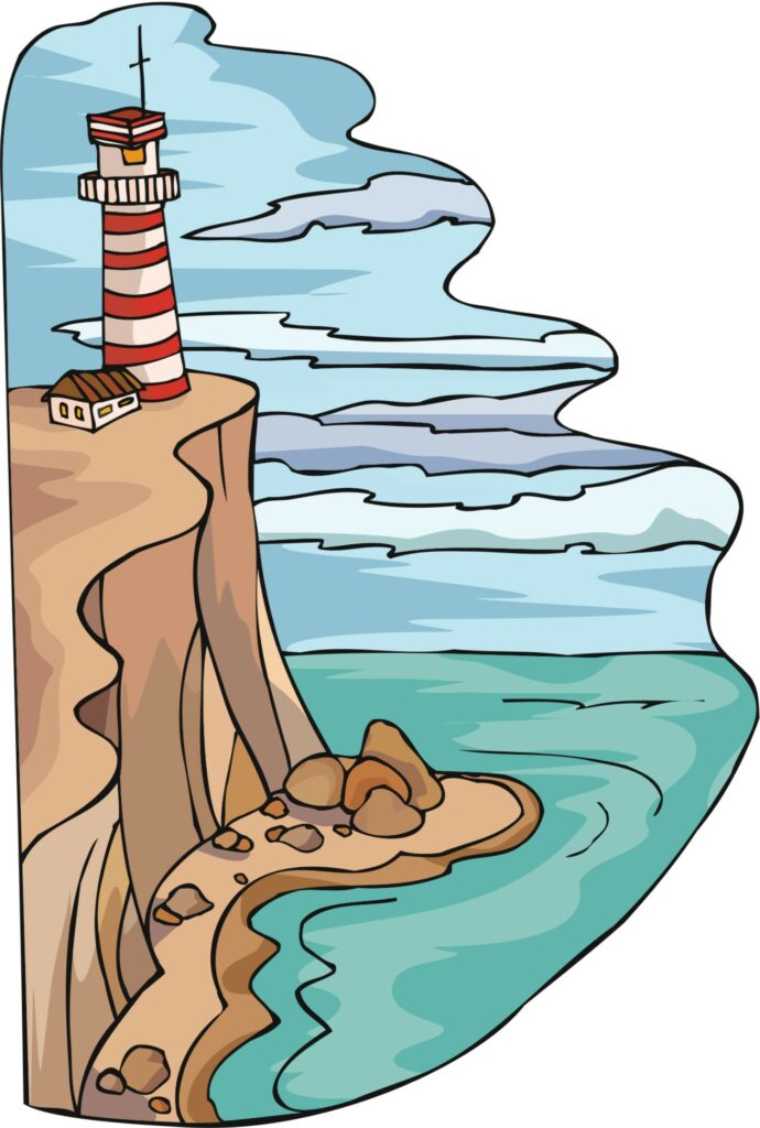 clip art image of a red and white lighthouse on a cliff looking over the sea