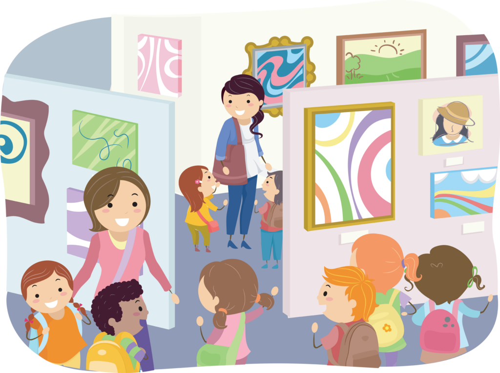 Illustration of Kids Checking Paintings in an Art Exhibit