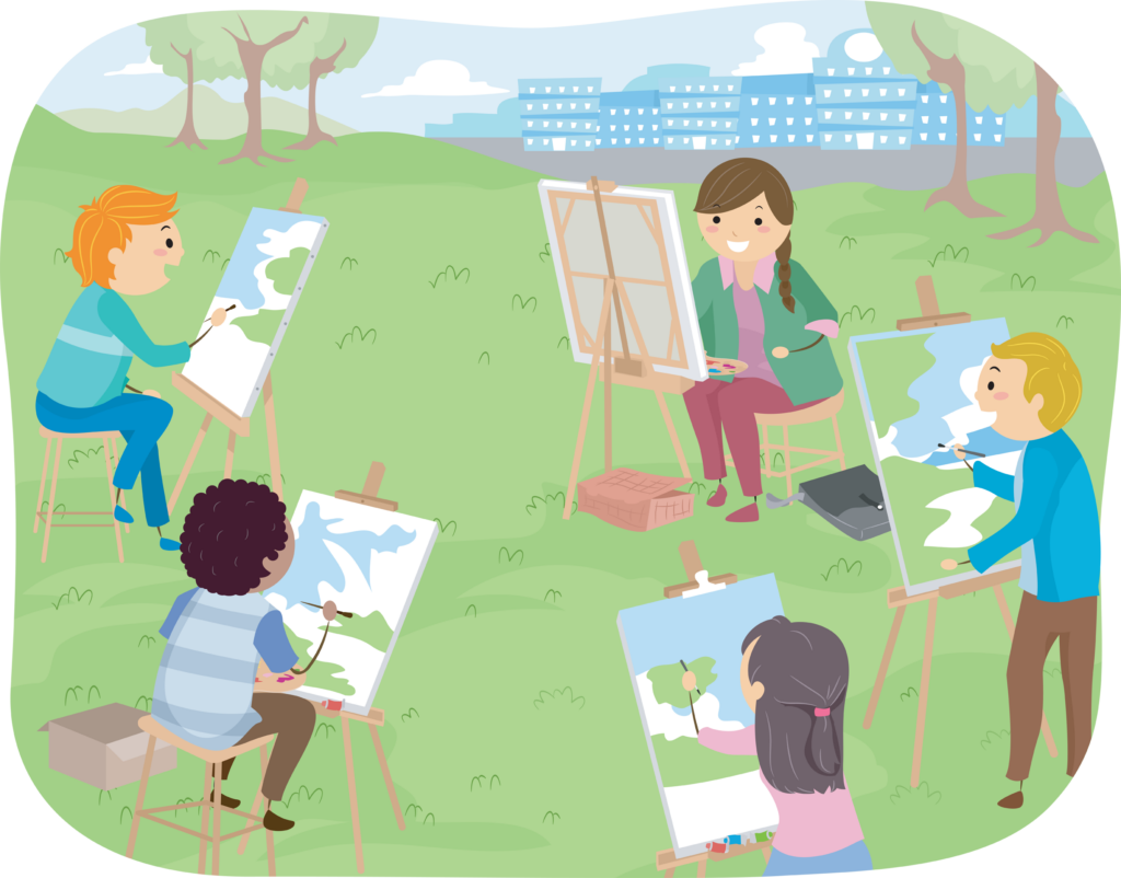 Illustration of Teenagers Painting Landscapes in a Park