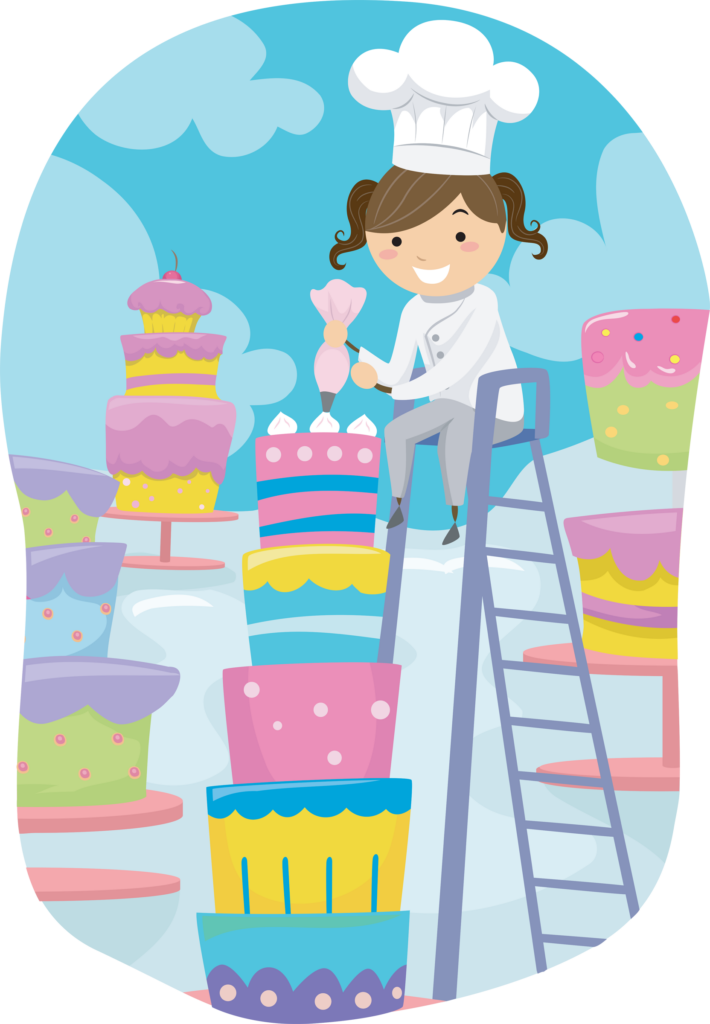 Stickman Illustration of a Little Girl Dressed as a Baker Putting Icing on a Cake