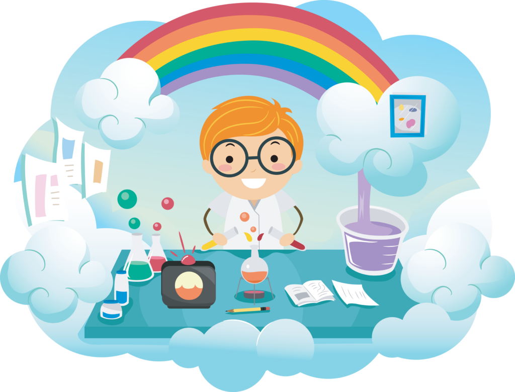 Stickman Illustration of a Kid Boy Experimenting on a New Color in a Rainbow Colored Lab