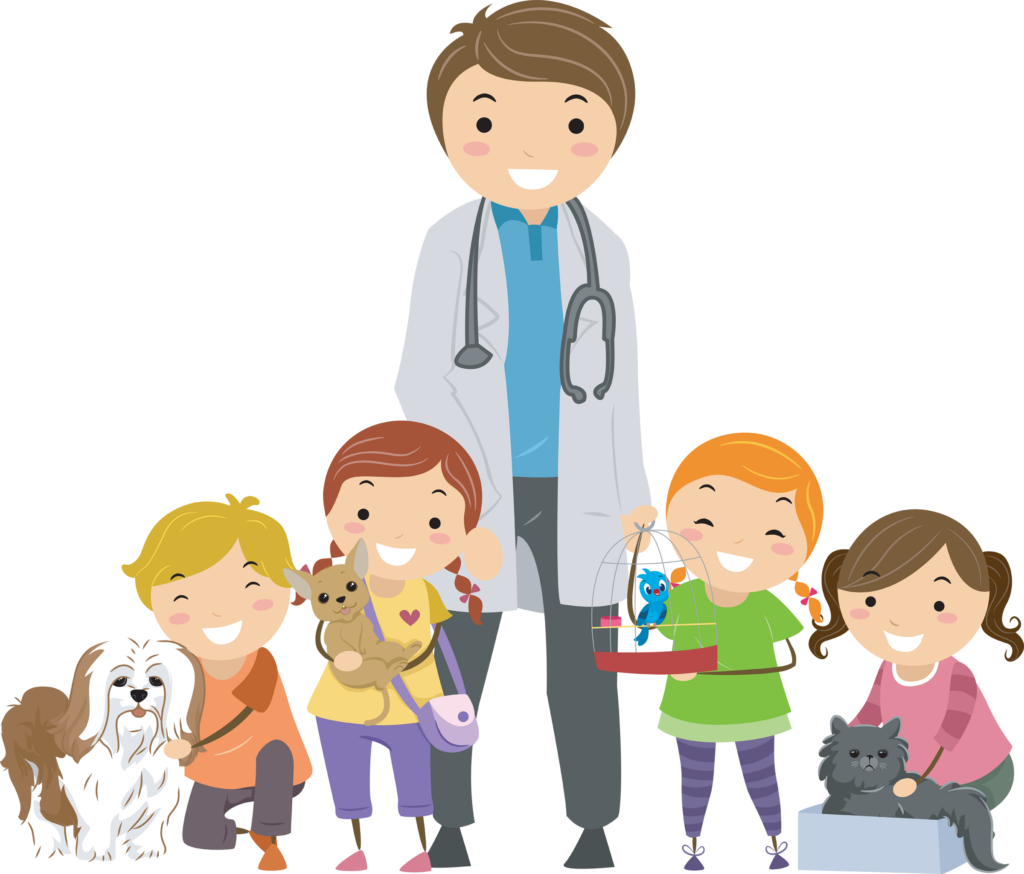 Stickman Illustration of Kids Crowding a Smiling Veterinarian