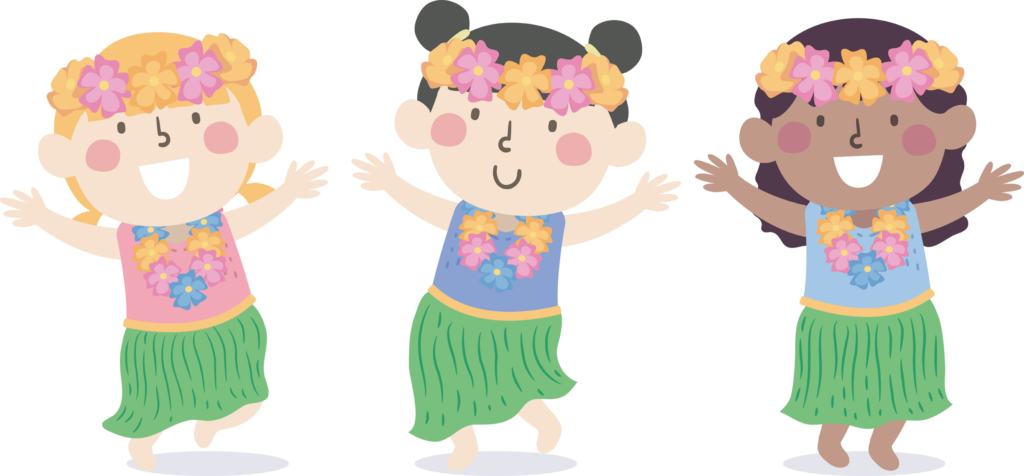 Illustration of Kids Wearing Hawaiian Costume with Flower Necklace and Headdress