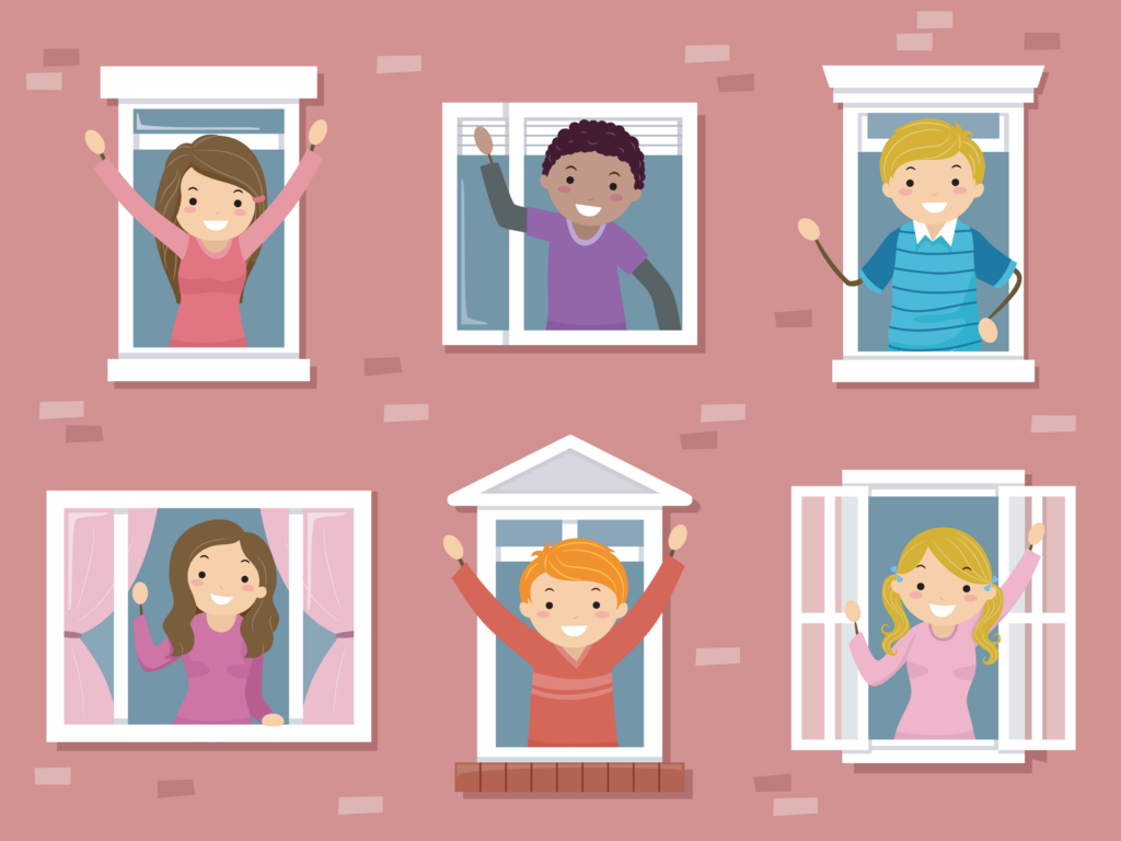 Illustration of Stickman Teenage Girl and Guys Waving from Windows in College, former high school students