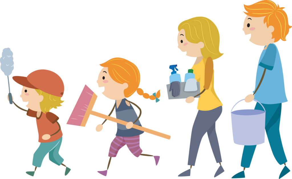 Illustration of Stickman Family Holding Cleaning Tools from Duster, Brush, Cleaners and Pail