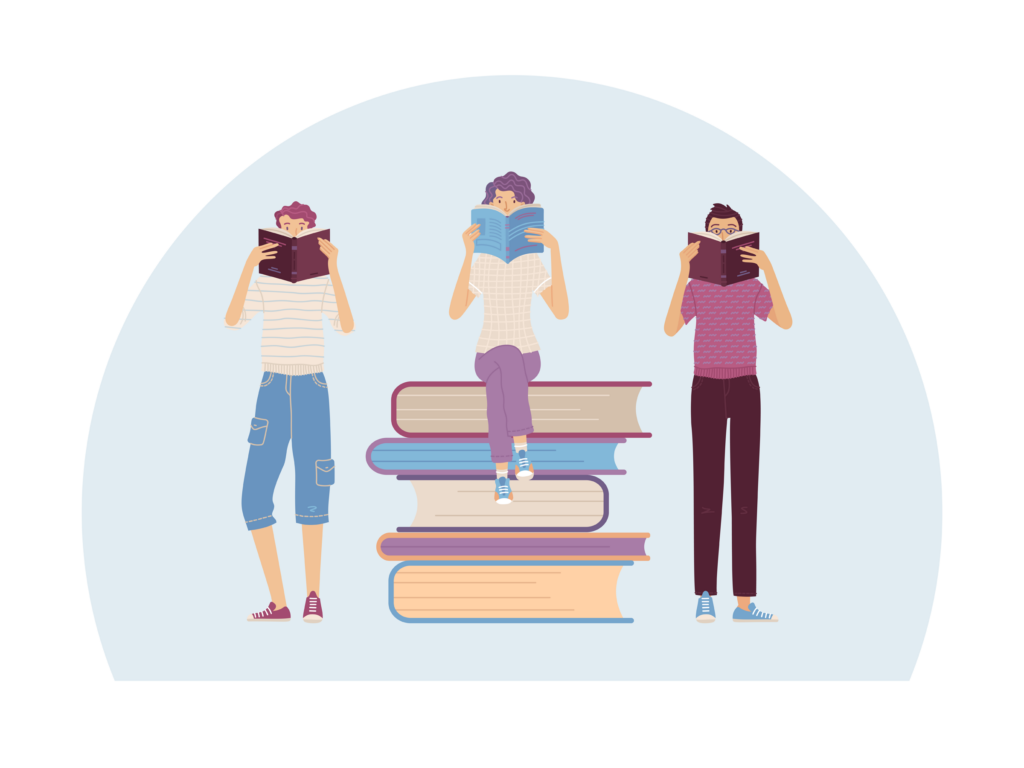 Literary bookstore or book festival concept with reading people. Young man and woman reading books while sitting or standing. Interested students study in library cartoon vector illustration.