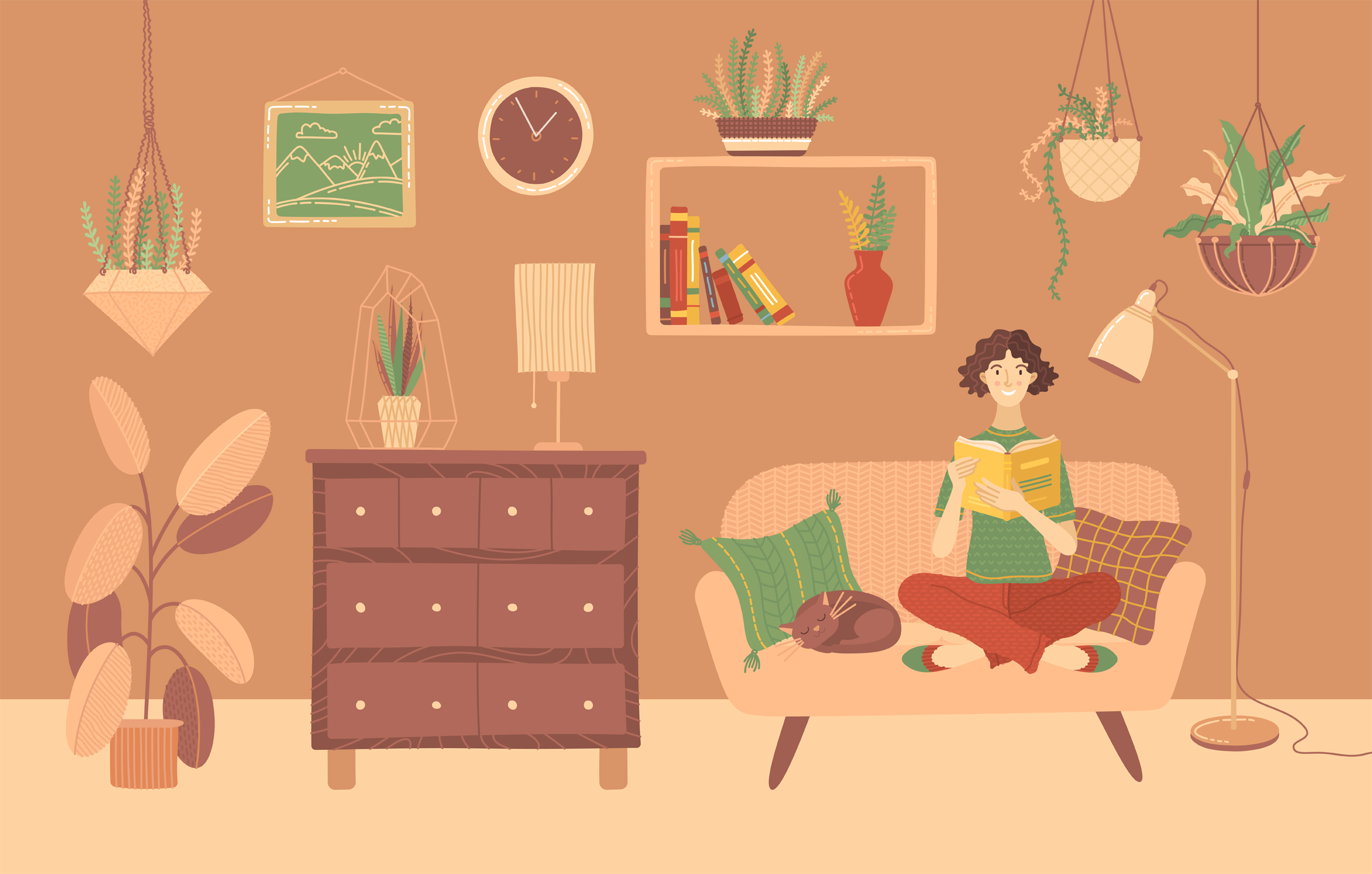 Young woman reading book at home on sofa. Stay at home vector illustration. Happy girl relaxing with a book in cozy living room. Literature hobby and happy lifestyle. E-learning and education.