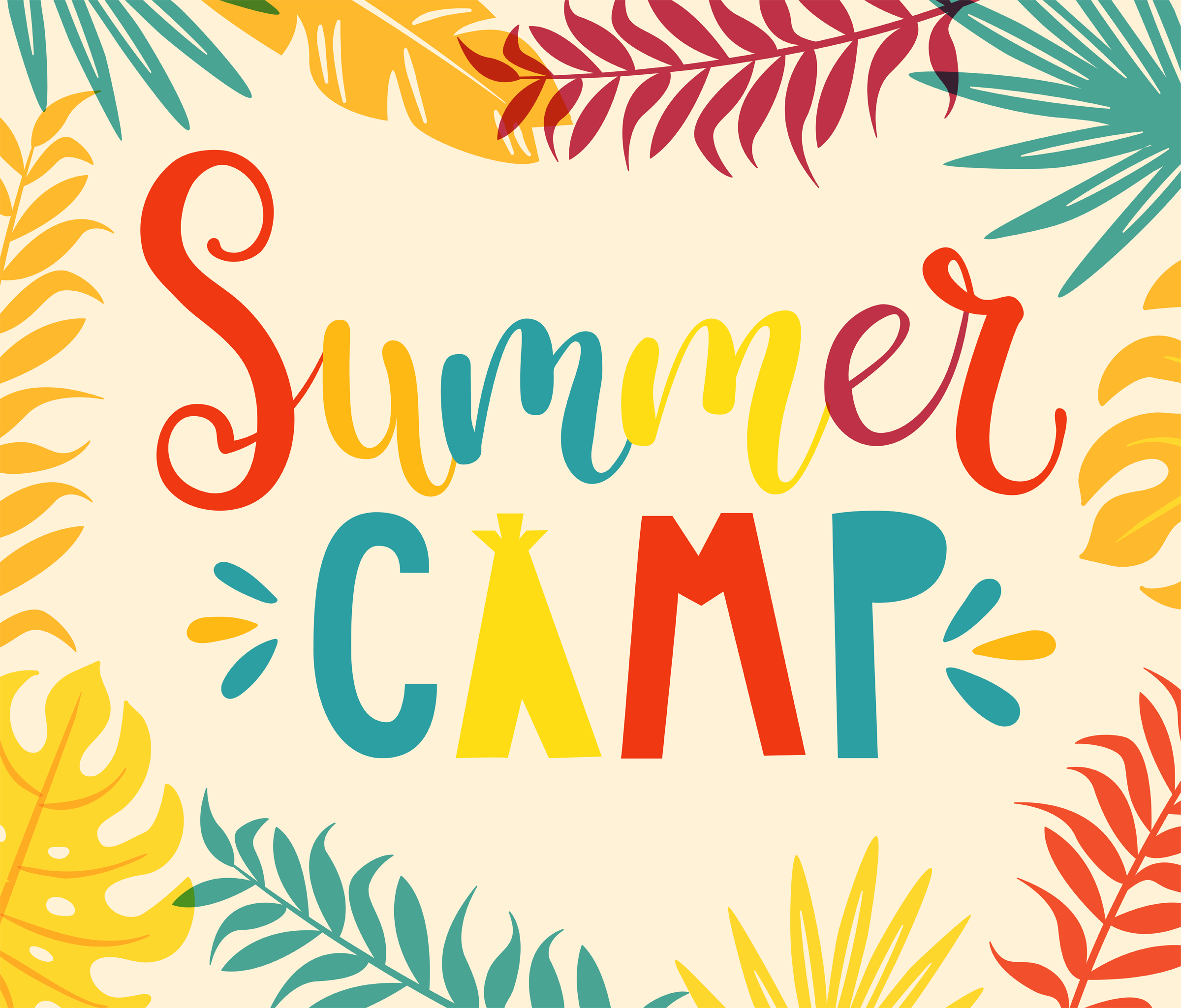 Summer camp handdrawn lettering with colourful tropical leaves on background. Vector illustration.