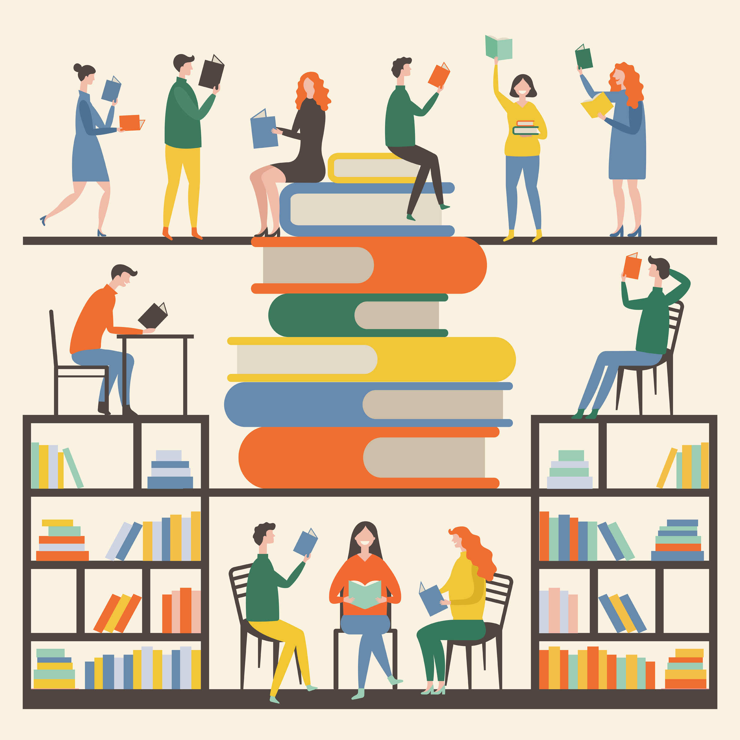 illustration of men and women in colorful shirts reading books in a library