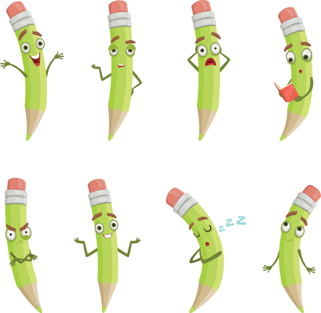 Illustrations of cartoon pencils with different emotions. Cartoon pencil funny character, emotion face drawing vector
