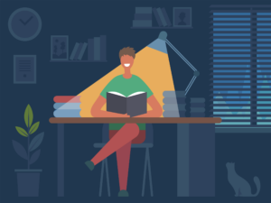 Reading book hobbies. person sitting at table and reading magazine in dark room interior vector flat character illustration. Hobby student read, boy with book