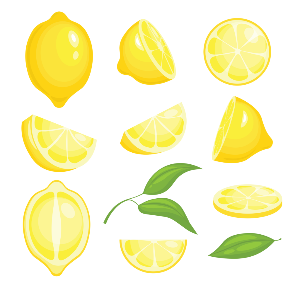 Fresh lemons collection. Yellow sliced citrus fruits with green leaf for lemonade. Vector isolated cartoon pictures of lemons. Lemon citrus food, fresh fruit juicy illustration