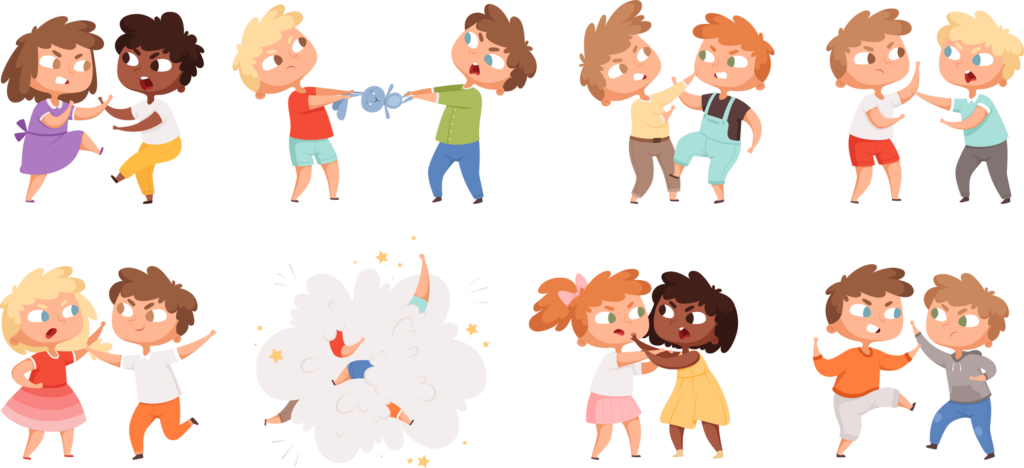 Boys fighting. School bully angry kids punishing in playground vector cartoon characters set. Illustration angry boy and girl, bullying problem, behavior aggression