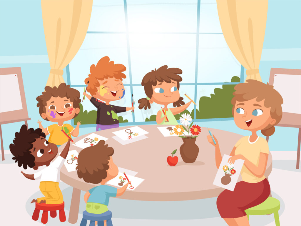 Drawing art class. Teacher with kids creativity kindergarten art lesson vector cartoon background. Children education, kindergarten classroom drawing illustration