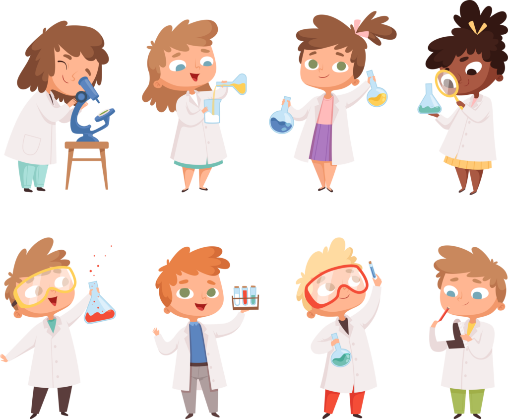 Science kids. Children in chemistry lab boys and little girls vector funny people. Lab science, chemistry kids in laboratory education experiment illustration