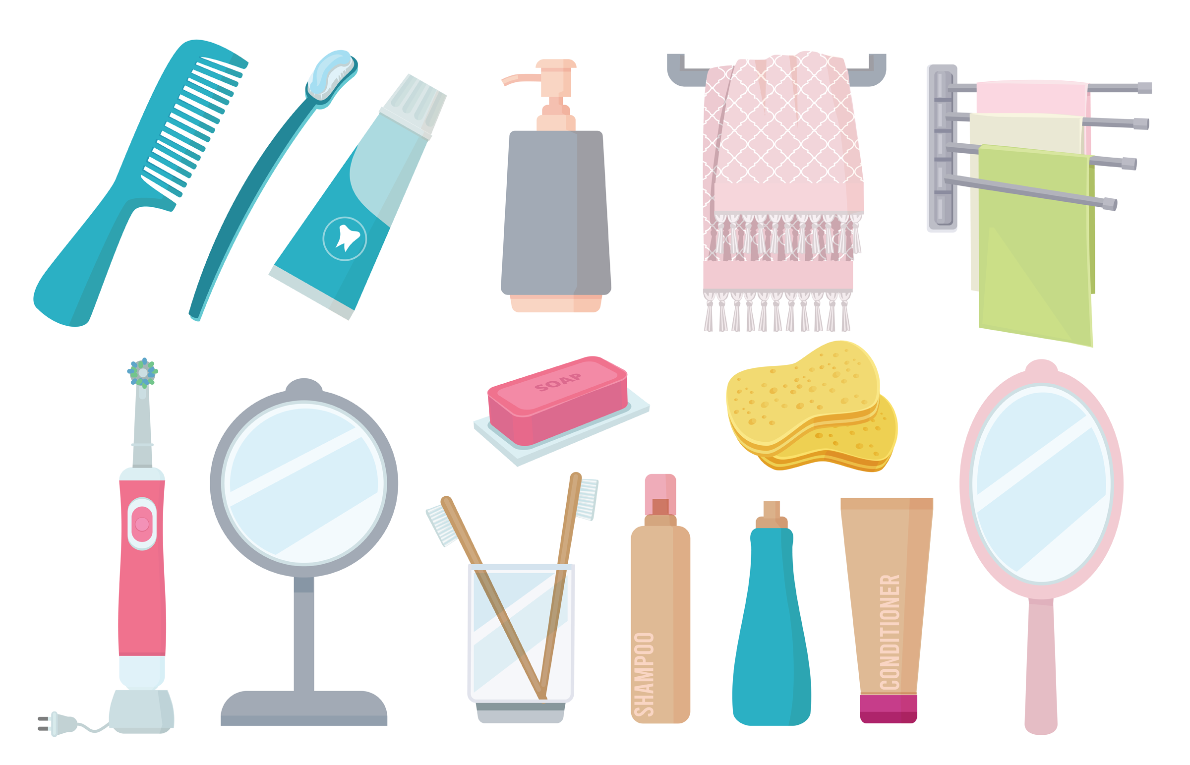 Bathroom accessories. Toothbrush paste hygiene towel cream comb vector colorful items. Toothbrush and towel, shampoo hygiene, brush and toothpaste illustration