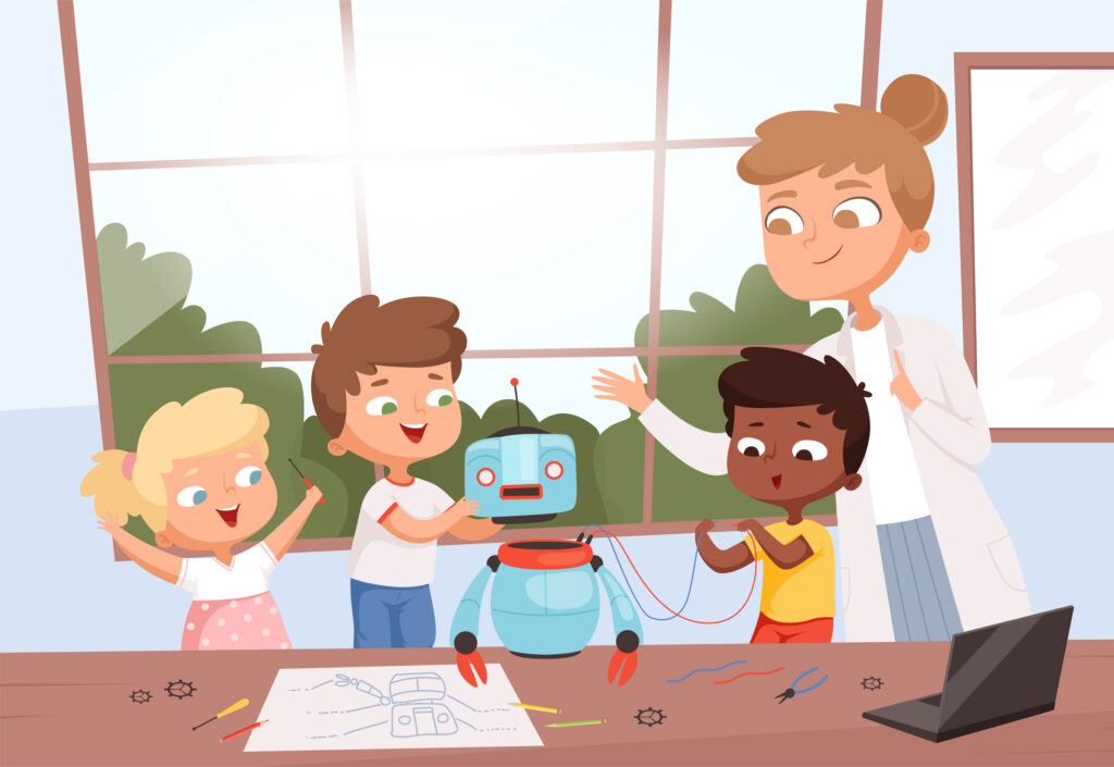 Kids with teacher robot programming. Future education process in class student coding robotics toys repair electronic technics vector background. Teacher education children robotic illustration