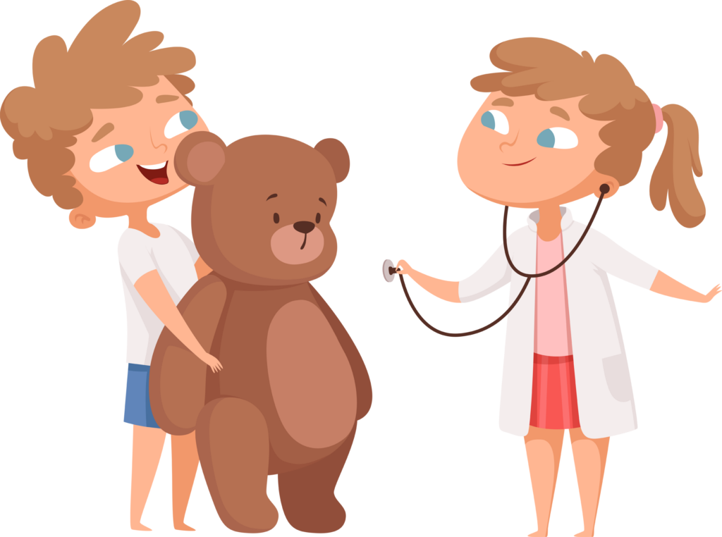 Children playing. Cute girl doctor and teddy bear patient. Kids play in hospital, medical game for little vector illustration. Teddy and doctor child, medicine play with toy