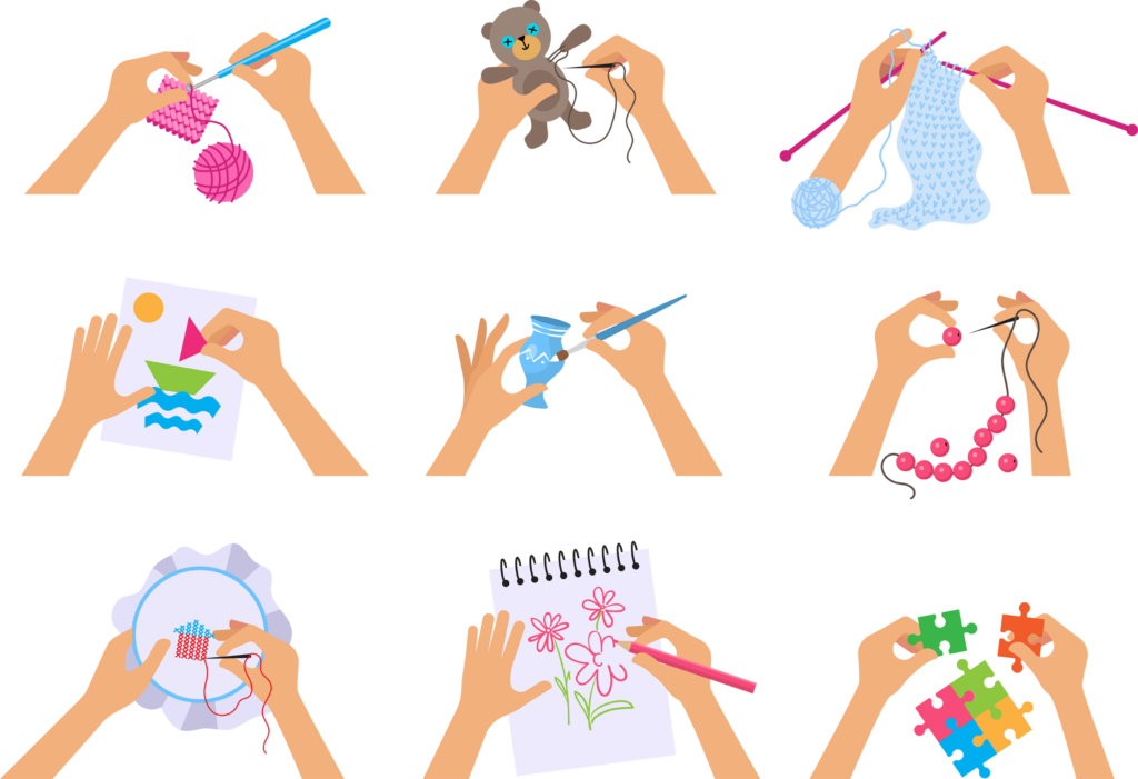Hands crafting various art projects. Knitting, crocheting, painting, beading, embroidery and more.