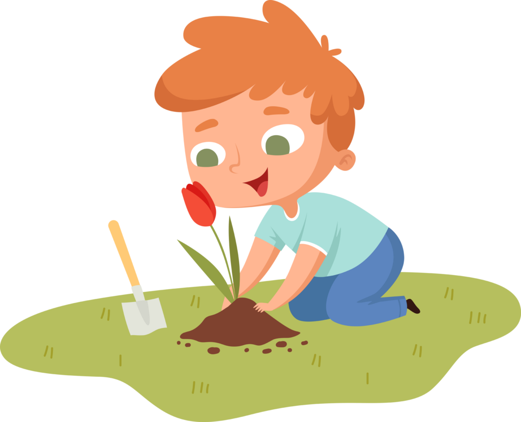 Boy planting tulip. Young guy with garden tool caring flower. Isolated cartoon little male gardening hobbies vector illustration. Hobby gardening at backyard, happy child