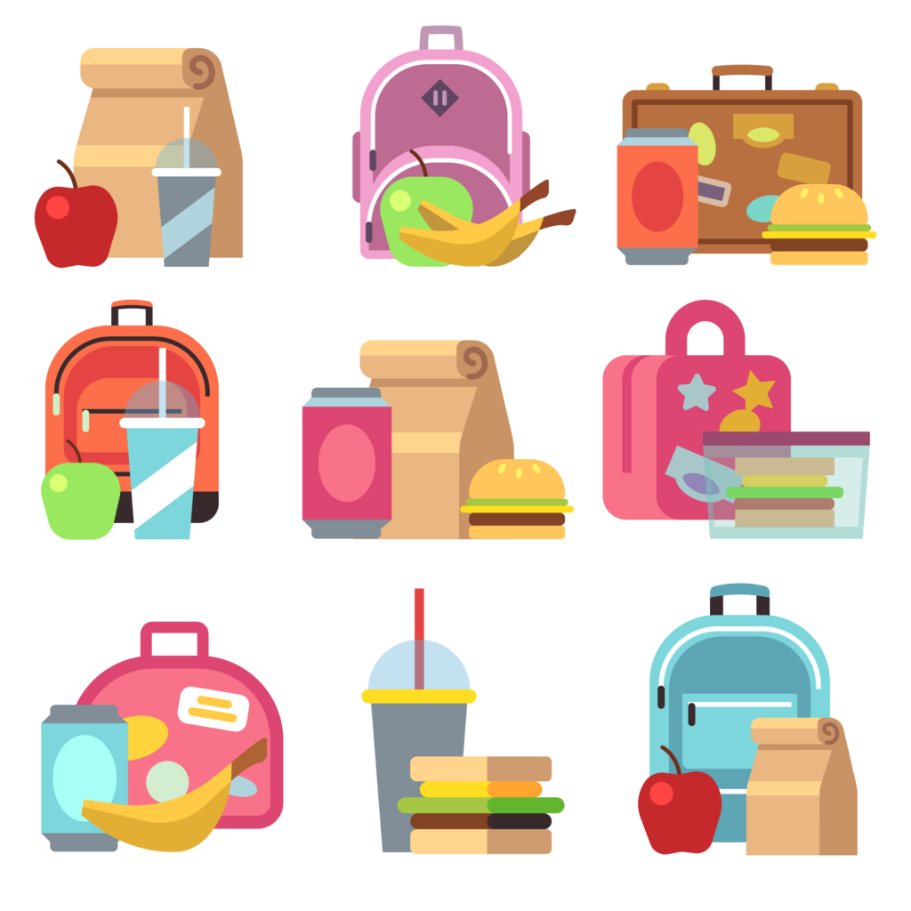 School lunch food boxes and kids bags vector flat icons. Lunch box fot lunchtime, breakfast sandwich and drink in lunchbox illustration